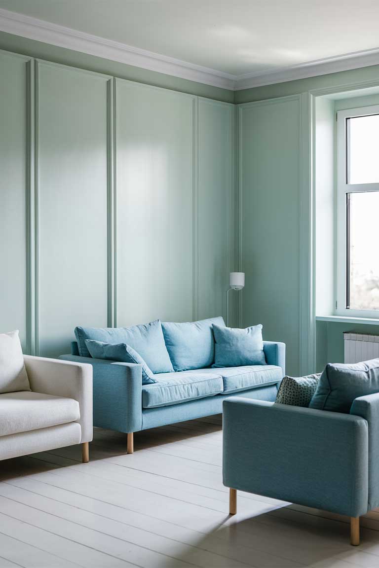 A minimalist living room featuring soft mint walls, a sky blue sofa, and white accent furniture. The room should have clean lines and uncluttered surfaces, with a large window allowing natural light to flood the space.