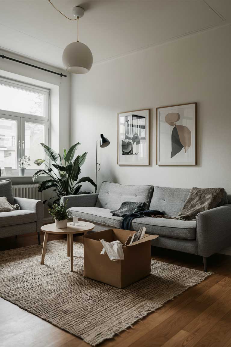 A minimalist living room in the process of decluttering.