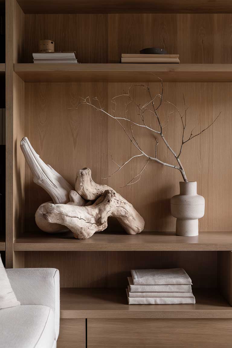 A minimalist living room shelf vignette. The wooden shelf holds a carefully curated selection of organic items: a large, sculptural piece of driftwood, a simple ceramic vase with a single branch, and a small stack of hardcover books with natural linen covers. The arrangement is sparse but impactful, embodying the balance between minimalism and organic elements.