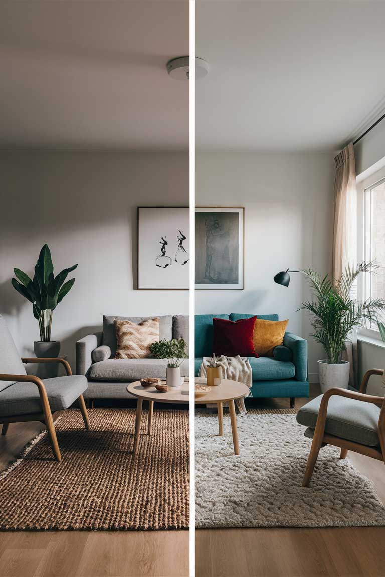 A minimalist living room shown in two side-by-side images representing different seasons.