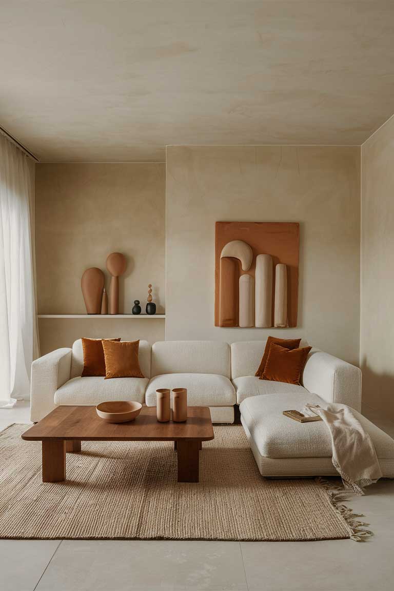 A minimalist living room with a beige sectional sofa, a wooden coffee table, a neutral-colored rug, and warm-toned elegant decor pieces in shades of beige and brown.