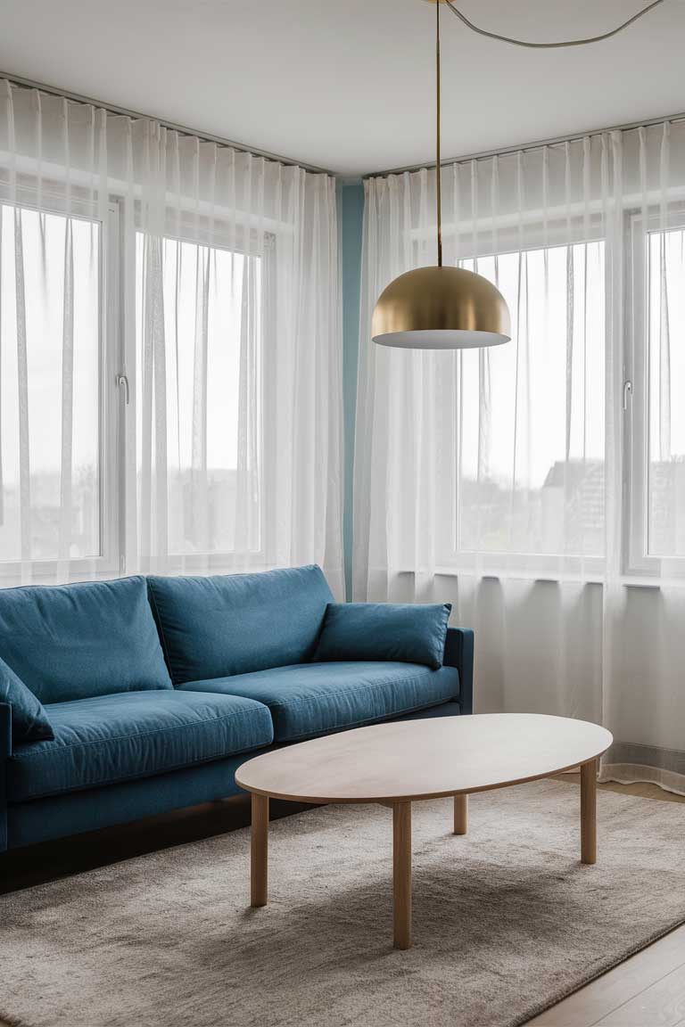 A minimalist living room with a blue sofa, large windows and sheer white curtains.