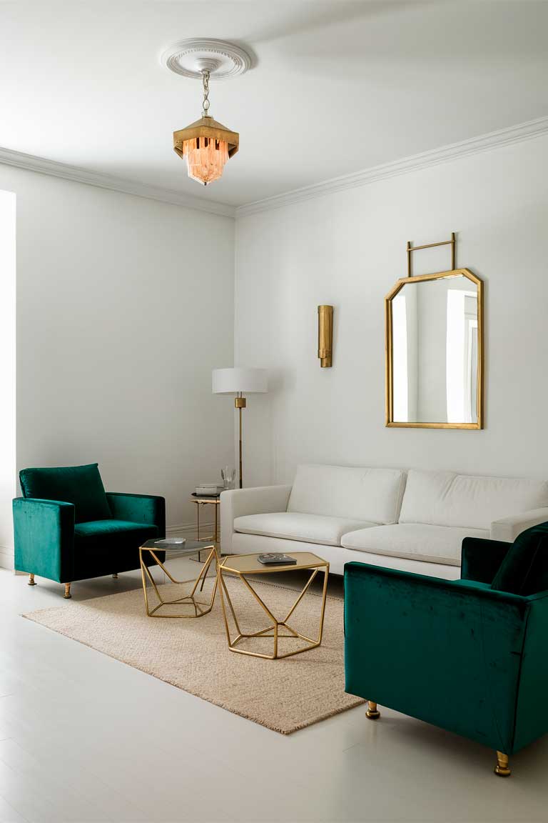 A minimalist living room with a clean, white color scheme. A brass-framed mirror hangs on the wall, reflecting the light and adding a touch of Art Deco elegance. A pair of geometric gold side tables flank a low-profile white sofa, while a deep emerald green velvet armchair provides a bold contrast. Overhead, a vintage-inspired chandelier with a modern twist casts a warm glow throughout the space.