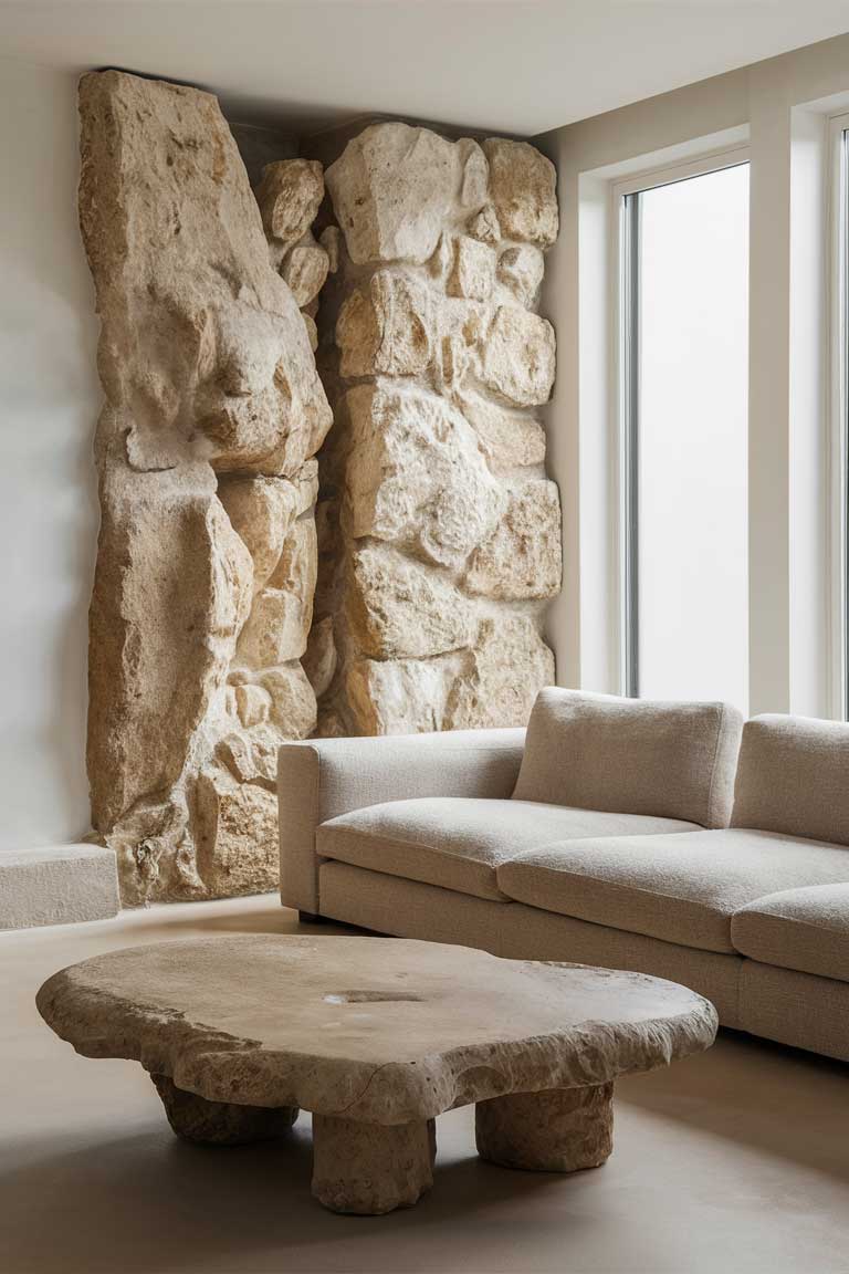 A minimalist living room with a dramatic natural stone feature wall behind a low-profile beige sofa. The room has a stone coffee table with organic, rounded edges. Large windows allow plenty of natural light, highlighting the texture of the stone elements.