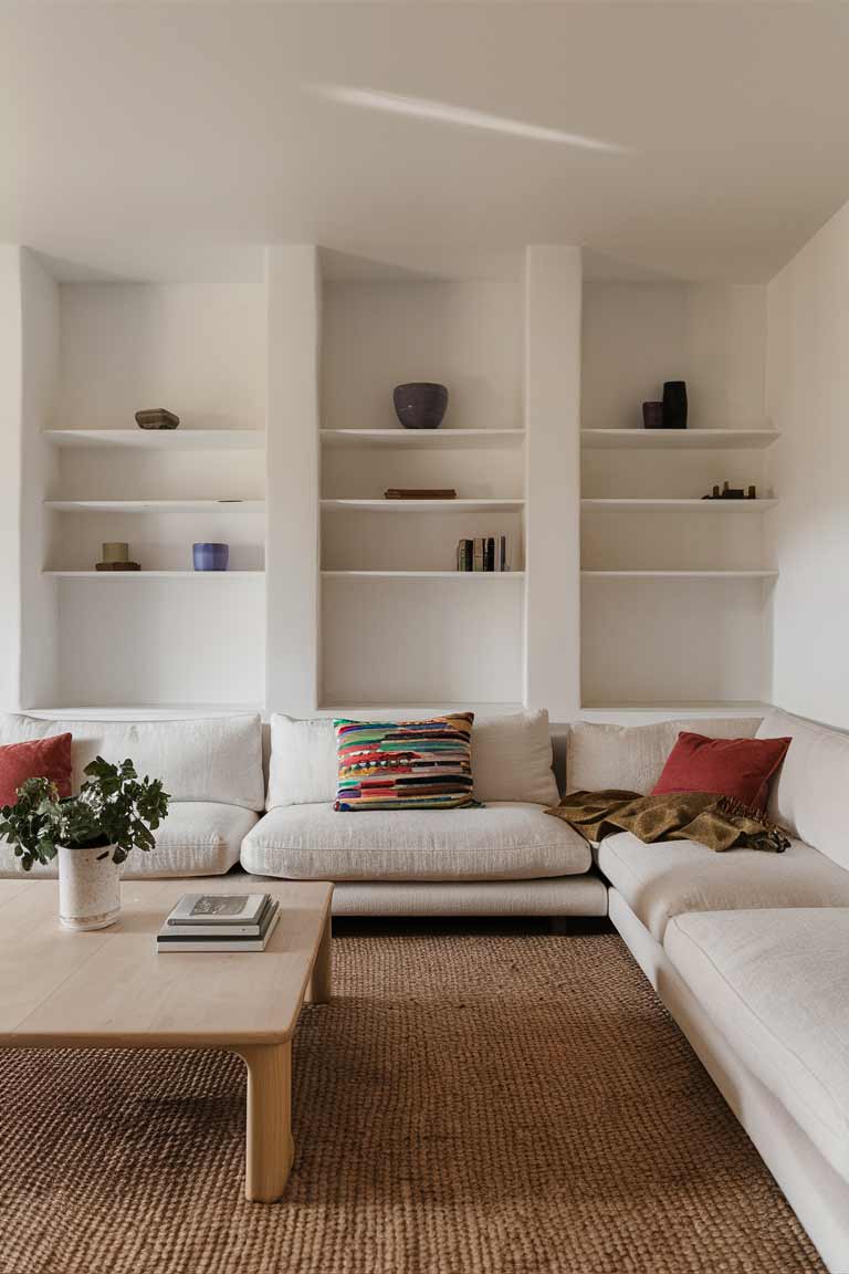 A living room with neutral colors and splash of bright colors