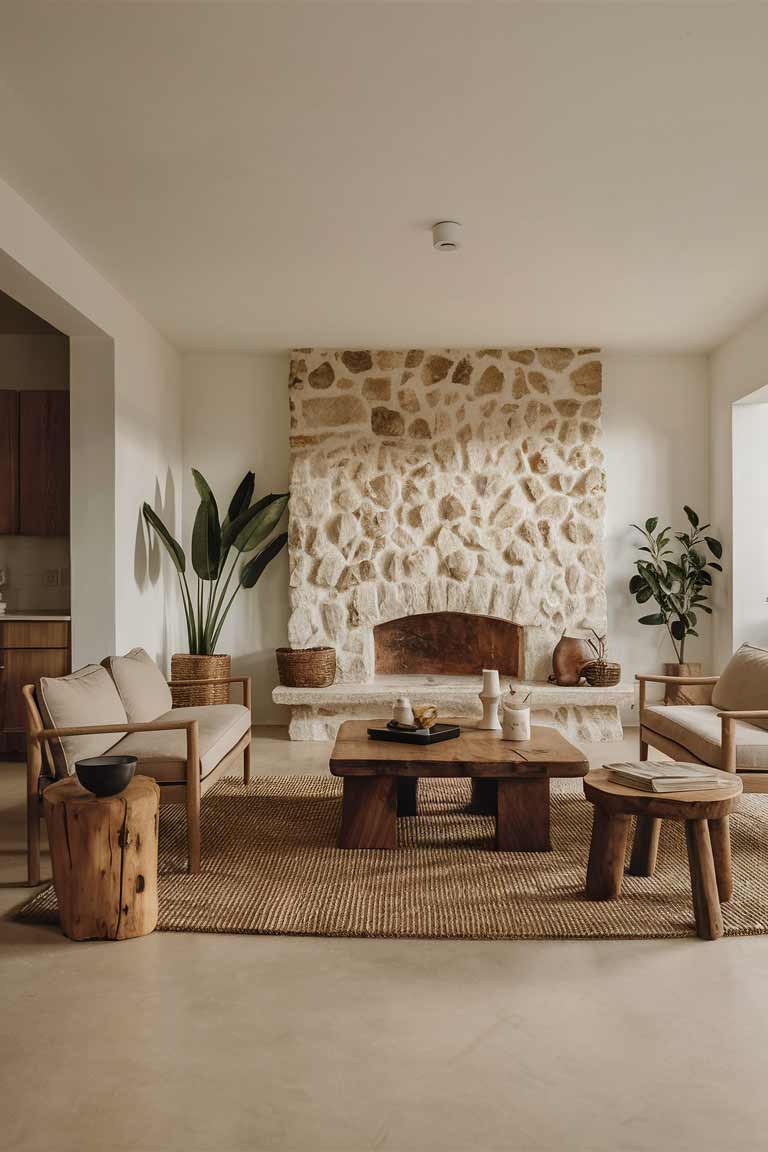 A living room with natural materials