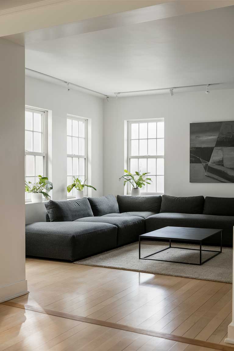 A minimalist living room bathed in natural light, featuring a large charcoal gray L-shaped couch as the focal point. The room has white walls, light hardwood flooring, and floor-to-ceiling windows. A sleek black metal coffee table sits in front of the couch, and a modern abstract painting in shades of gray hangs on the wall. A few carefully placed green plants in simple white pots add life to the space.