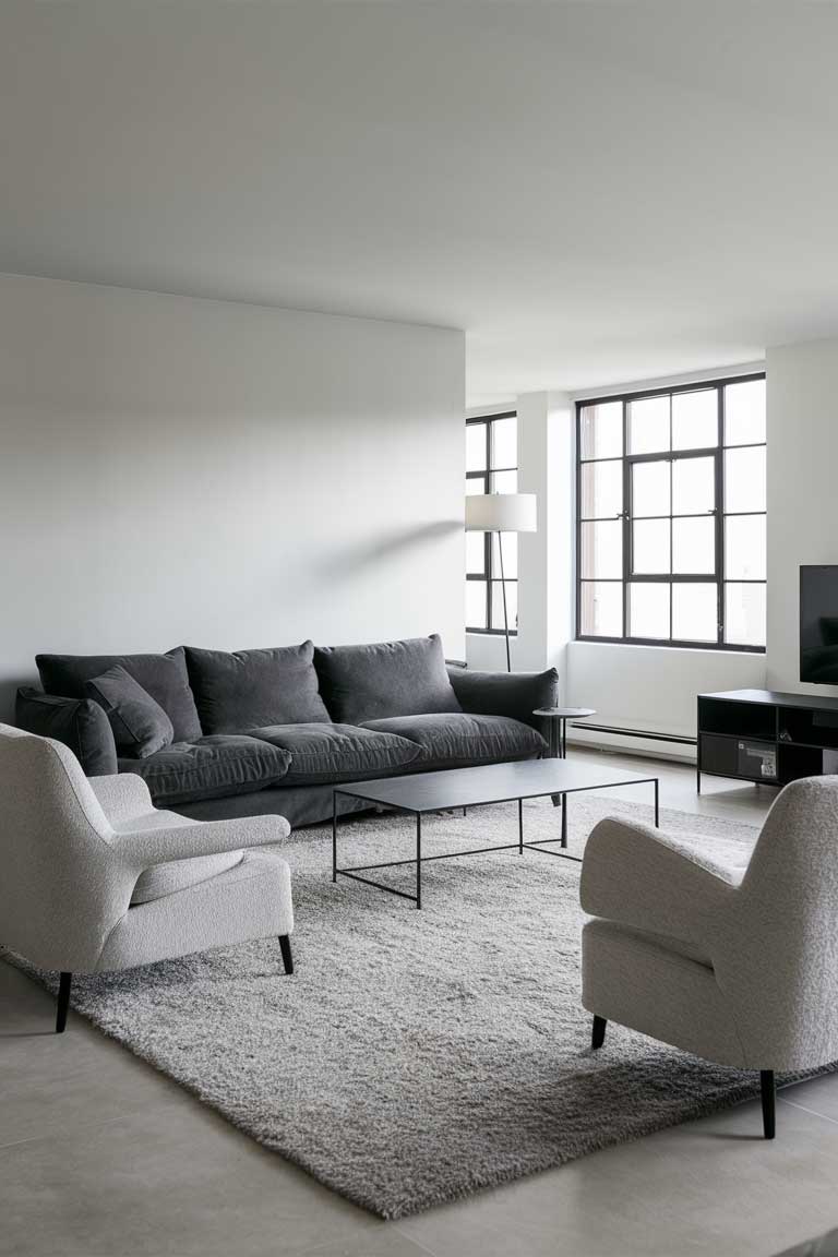 A minimalist living room with a large charcoal gray couch as the focal point. Light gray accent chairs flank the couch, and a soft gray area rug covers the floor. A black metal coffee table sits in the center, and a sleek black TV stand is visible against the far wall. The room is bathed in natural light from large windows, highlighting the various shades and textures of gray throughout the space.