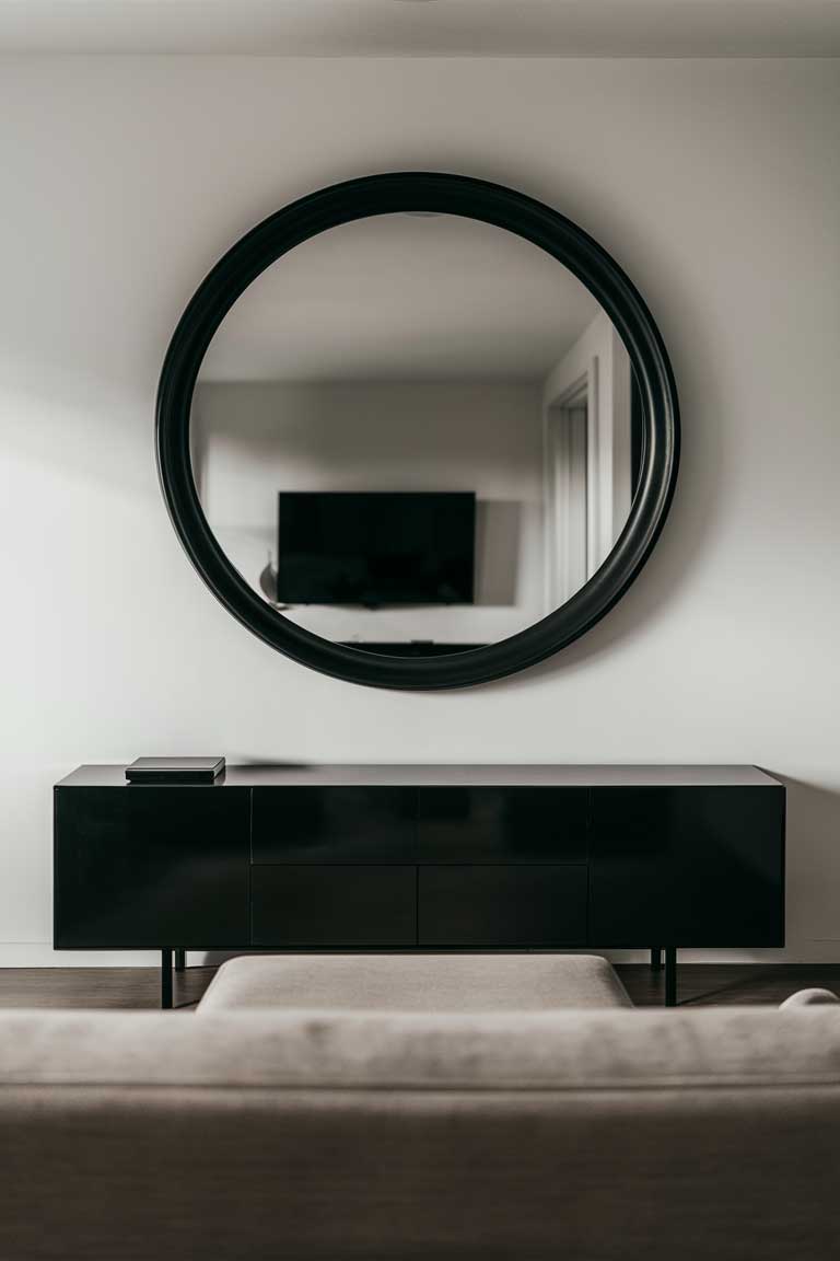 A minimalist living room with a large, round black mirror hanging above a sleek console table.