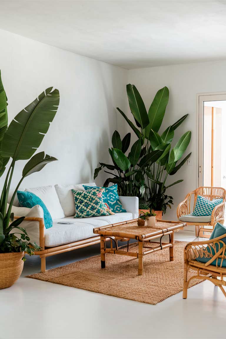 A minimalist living room with a light and airy feel. A white sofa is paired with a bamboo coffee table, and large, lush tropical plants are strategically placed throughout the space, adding pops of vibrant greenery. An assortment of patterned throw pillows in coastal-inspired hues, such as blues and greens, add eclectic flair, while a rattan chair in the corner provides an additional seating option.