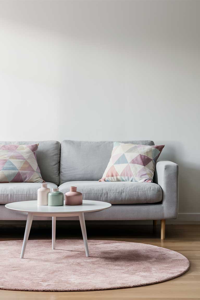 A minimalist living room with a light gray sofa, featuring pastel geometric-patterned throw pillows. A round, white coffee table holds a few pastel accessories, with a soft blush rug underfoot.