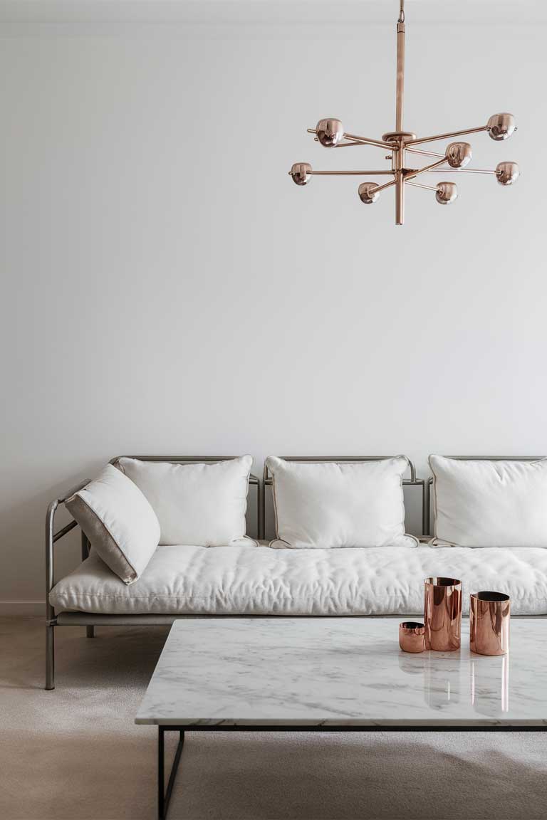 A minimalist living room with a marble coffee table, a metal-framed sofa with white cushions, and a few metallic decor pieces. A modern chandelier with metallic elements hangs from the ceiling.