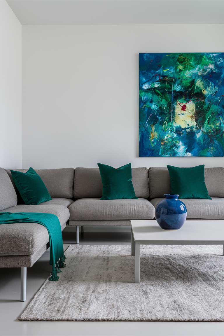 A minimalist living room with a medium gray couch and a light gray rug. The neutral base is enlivened by pops of color: emerald green throw pillows on the couch, a sapphire blue ceramic vase on the coffee table, and a large, vibrant abstract painting on the wall featuring blues, greens, and touches of yellow and red.