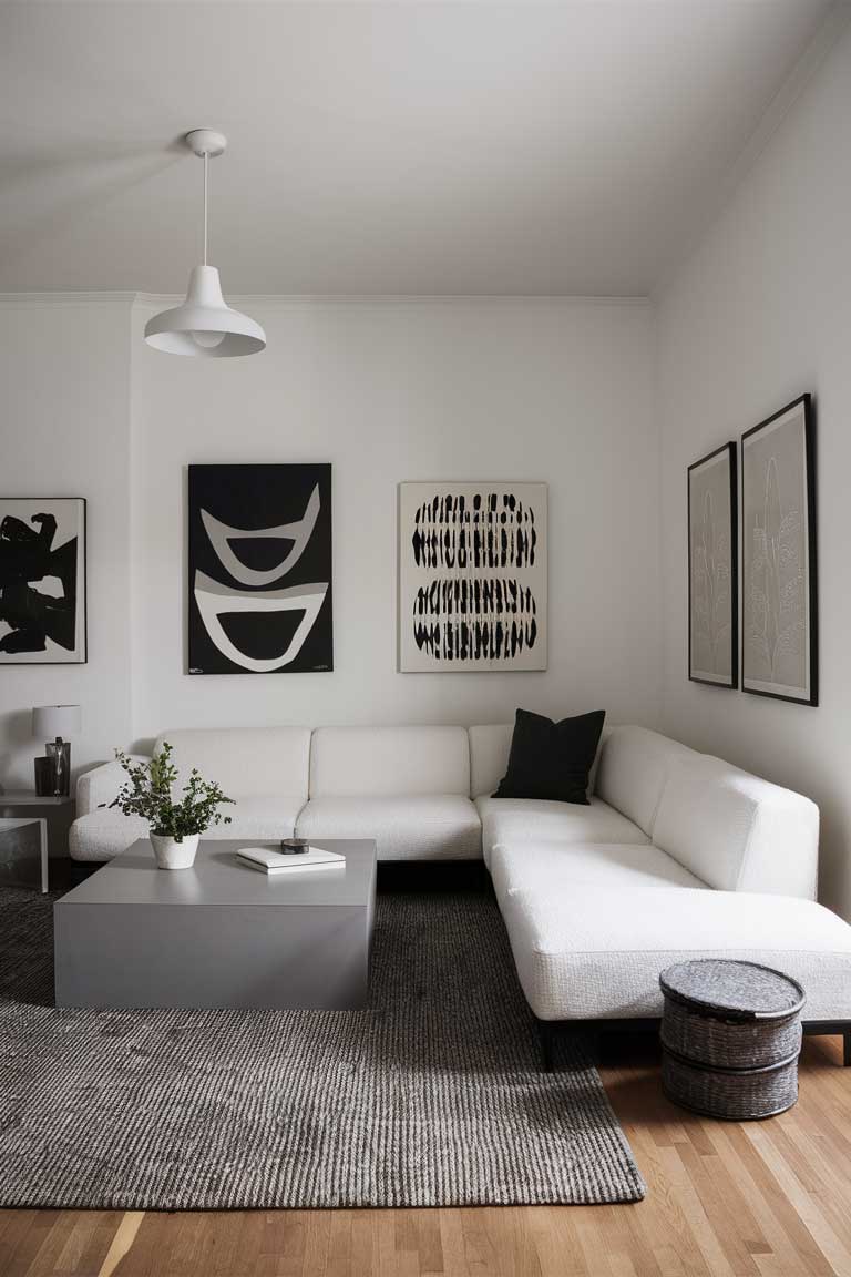 A minimalist living room with a monochrome color palette, featuring a white sectional sofa, a gray coffee table, and black-and-white art on the walls.