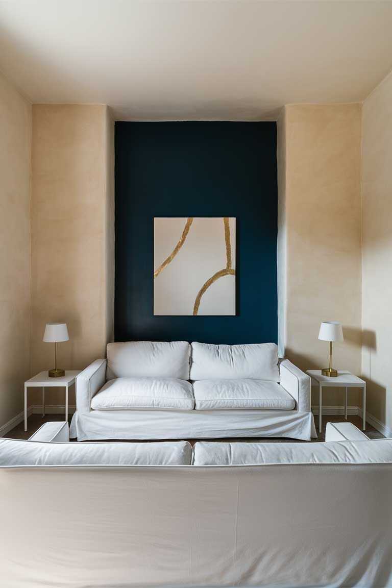 A minimalist living room with a navy blue accent wall behind a white sofa. The other walls are painted a warm off-white. Above the sofa hangs a large, minimalist art piece with white and gold abstract shapes. Two white side tables flank the sofa, each holding a simple gold table lamp. The image showcases the dramatic effect of a navy blue accent wall in a minimalist setting.