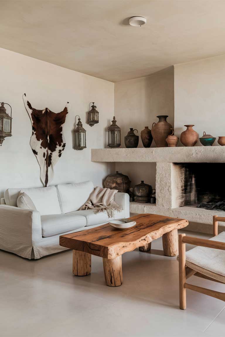 A minimalist living room with a neutral color palette. A white sofa is paired with a wooden coffee table with a natural, rustic finish. A stone fireplace anchors the space, adding a cozy, rustic element. On the walls, a mix of vintage and modern decor pieces, such as a cowhide rug, antique lanterns, and a collection of pottery and ceramics, create an eclectic, layered aesthetic.