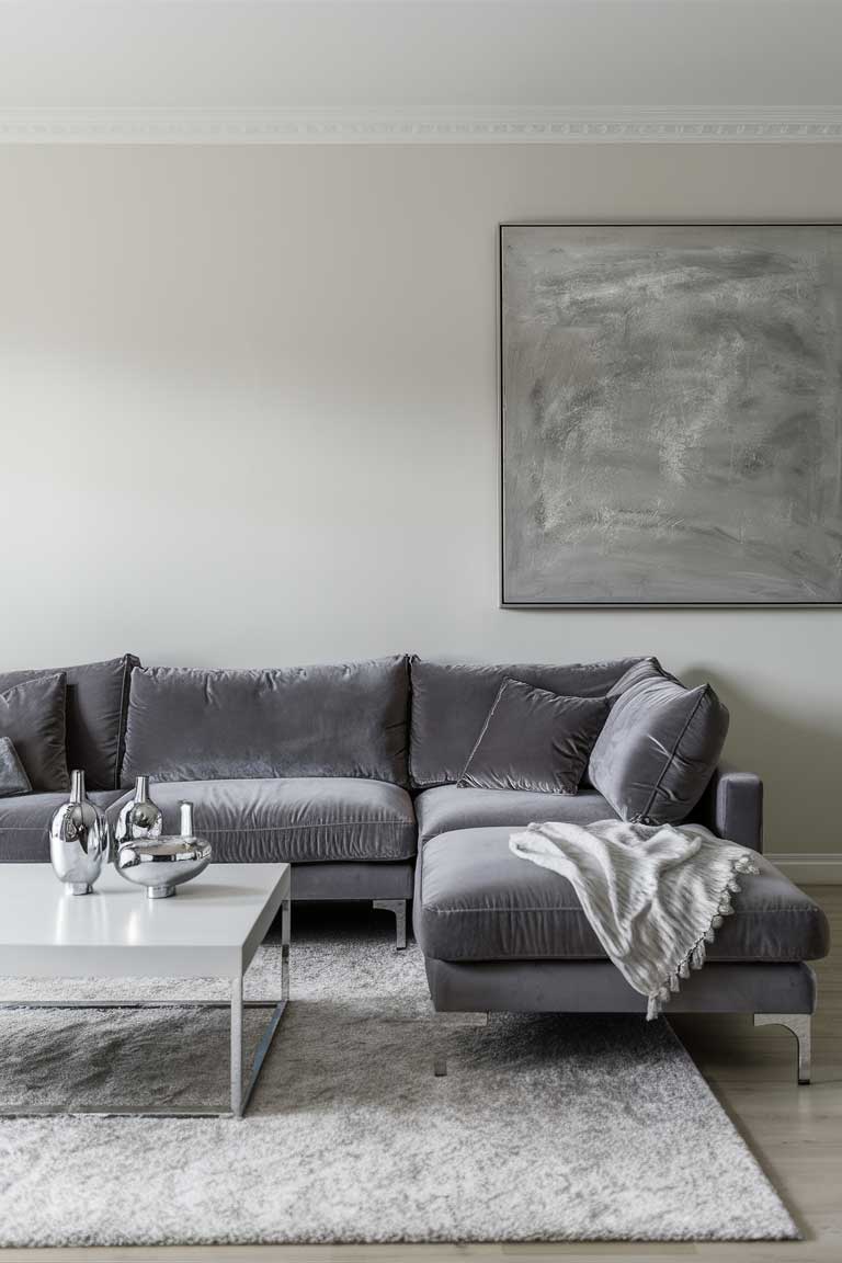 A minimalist living room with a plush gray velvet sofa, a simple white coffee table, and a few elegant silver decor pieces. A large, subtle abstract painting in shades of gray and silver hangs on the wall.