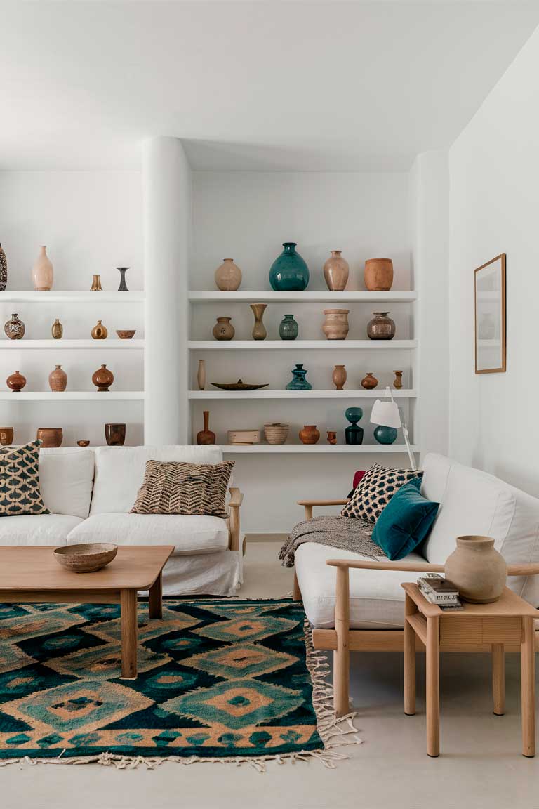 A minimalist living room with a Scandinavian-inspired palette of white and light wood. A white sofa is paired with a wooden coffee table, and a colorful, patterned rug in shades of blue and green adds an eclectic touch. On the shelves and side tables, a collection of ceramic vases and decorative objects in varying shapes and textures create visual interest, while a mix of patterned throw pillows reinforce the eclectic, yet refined, aesthetic.