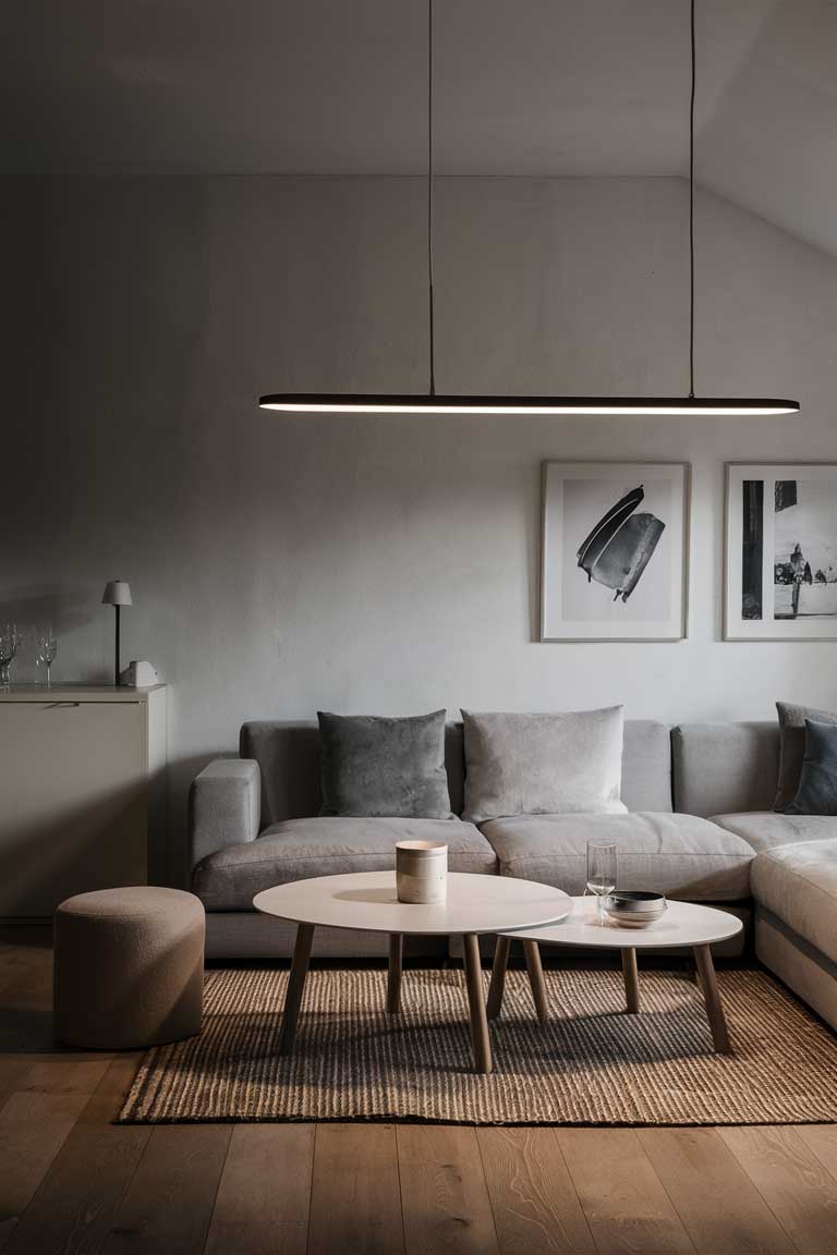 A minimalist living room with a simple, white dining table. Above it hangs a thin, elongated metal pendant light with a sleek, modern design.