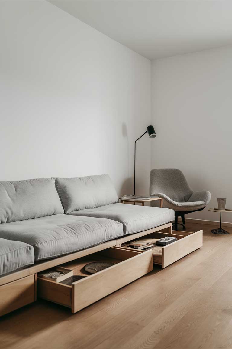 A minimalist living room with a sleek platform sofa in light gray, featuring hidden storage drawers underneath. A stylish hanging chair in the corner and a simple floor lamp complete the look. The room appears uncluttered and serene.