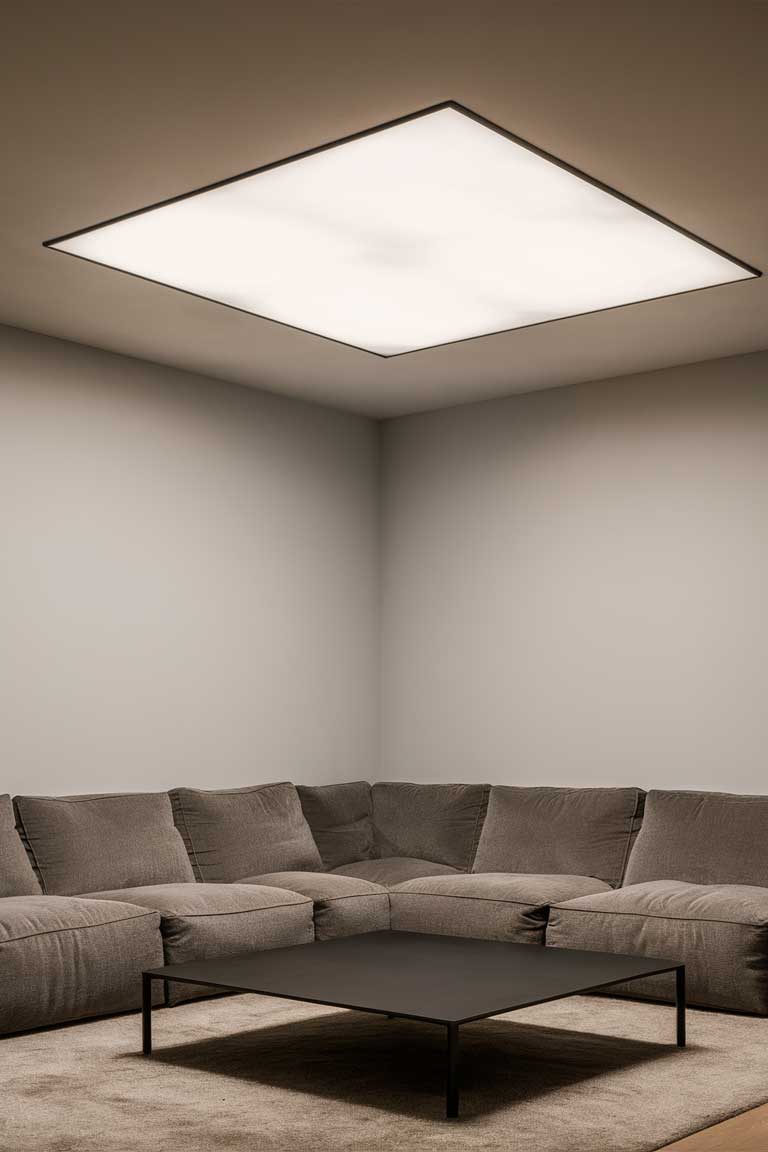 A minimalist living room with a thin, rectangular LED panel light installed in the ceiling. The panel emits a soft, diffused light that evenly illuminates the room, which is furnished with a low, gray sectional sofa and a sleek black coffee table.