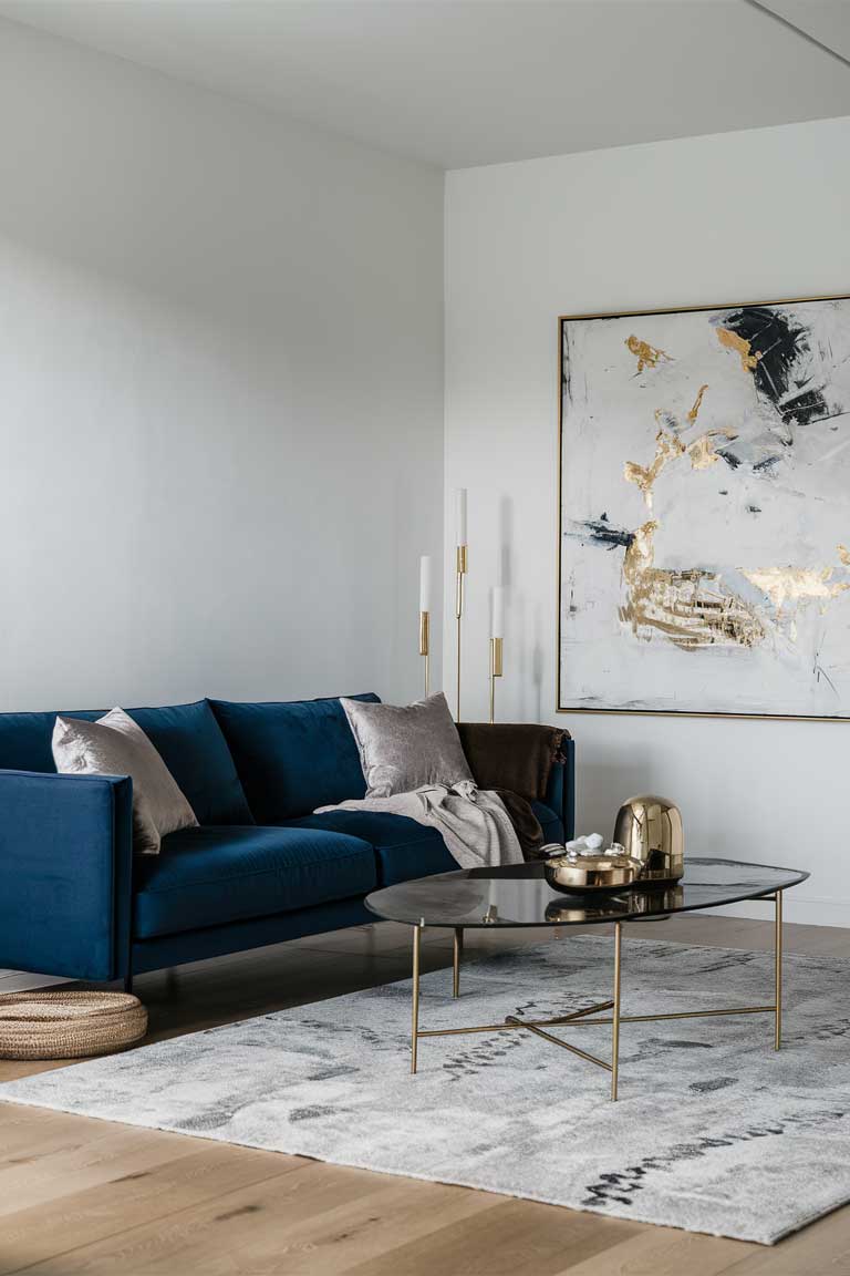 A minimalist living room with a velvet navy blue sofa, a gold-accented coffee table, and a large abstract painting with gold accents. A few carefully placed gold decor pieces add a touch of opulence.