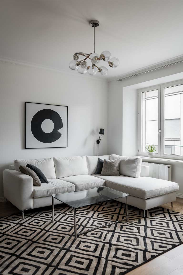 A minimalist living room with a white L-shaped sofa, a simple glass coffee table, and a black-and-white geometric rug. A large modern chandelier hangs from the ceiling.