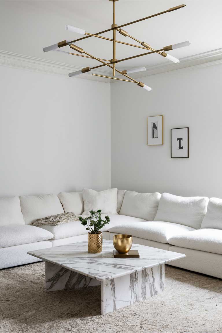 A minimalist living room with a white sectional sofa, a marble coffee table, and gold-accented decor pieces. A large modern chandelier with gold elements hangs from the ceiling.