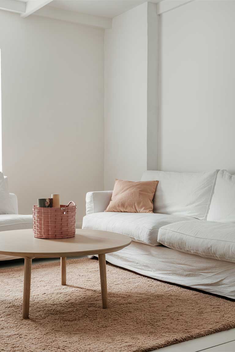 A minimalist living room with a white sofa, a light wood coffee table, and a pastel-colored storage basket holding a few decorative items. The room features white walls and a soft beige rug, creating a cohesive, serene atmosphere.