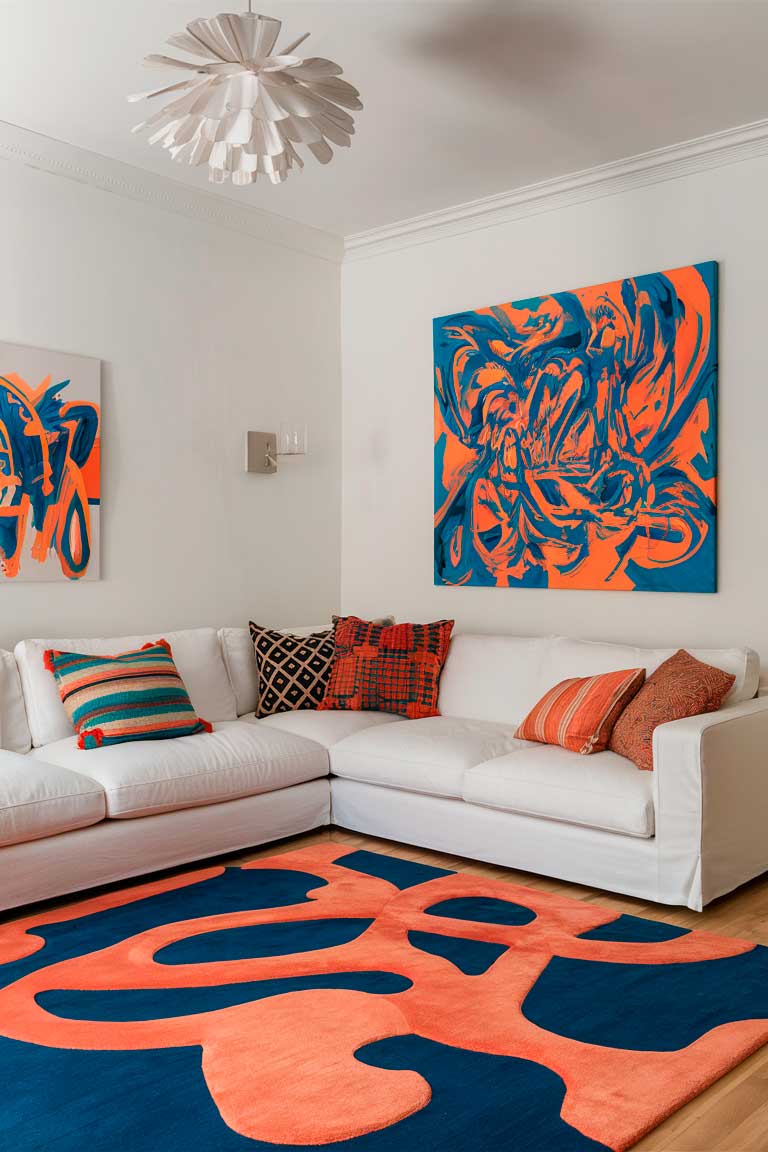 A minimalist living room with a white sofa as the foundation. A vibrant, abstract rug in a bold color palette, such as shades of blue and orange, grounds the space. On the walls, a large, modern abstract painting in a similarly bright and energetic color scheme adds a striking focal point. Patterned throw pillows in complementary hues and a statement light fixture complete the eclectic, yet refined, aesthetic.