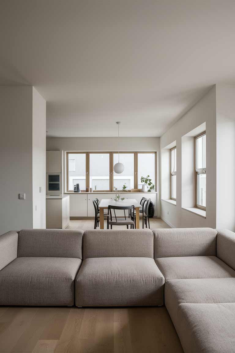 A minimalist living room with an open floor plan