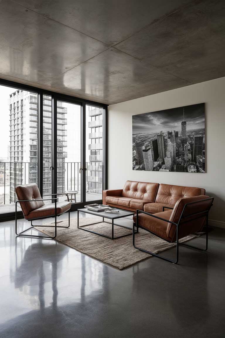 A minimalist living room with an urban edge, featuring polished concrete floors, floor-to-ceiling windows, and a mix of leather and metal furniture. 