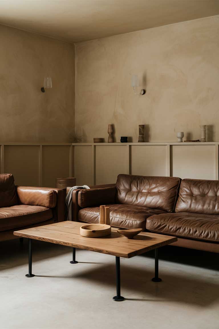 A minimalist living room with beige walls, featuring a brown leather sofa, wooden coffee table with black metal legs, and various neutral-toned accessories.