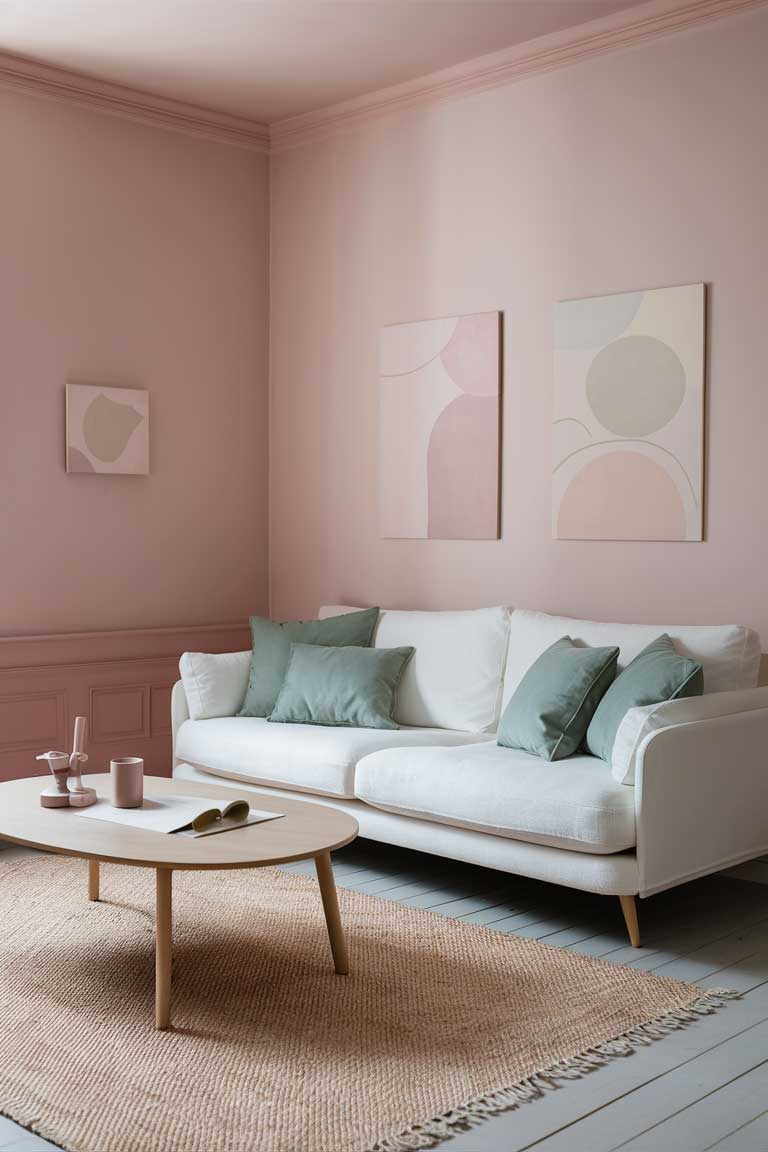 A minimalist living room with blush pink walls and a white sofa with sage green cushions. The room features a light wood coffee table with pastel decor, a soft beige rug, and minimalist pastel wall art.