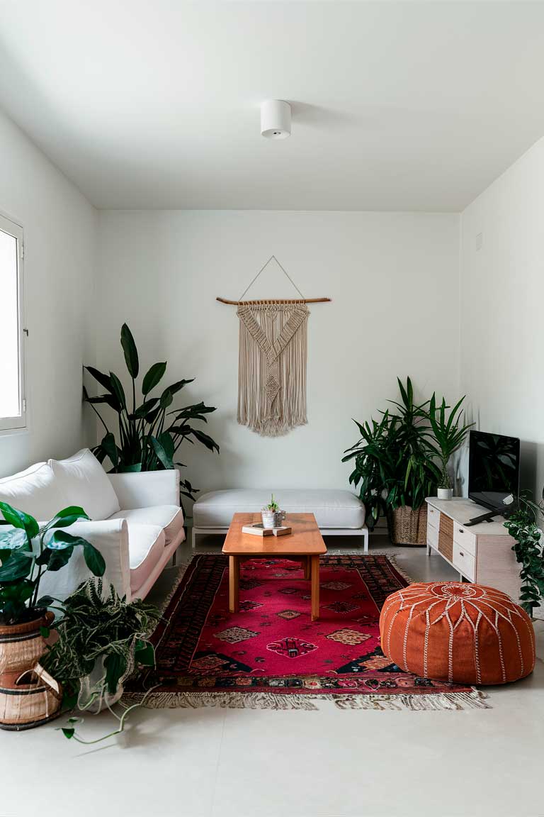 A minimalist living room with clean lines and a neutral color palette. A white sofa is paired with a wooden coffee table, and a macramé wall hanging adds a bohemian touch. In one corner, a Moroccan-inspired pouf provides additional seating, while a vibrant kilim rug grounds the space. Lush, verdant houseplants are strategically placed throughout the room, enhancing the natural, calming vibe.