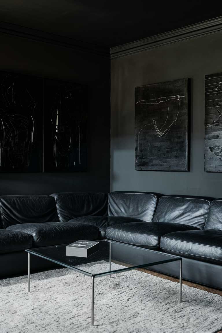 A minimalist living room with dark walls, a black leather sectional, and a simple glass coffee table. Dark-themed art pieces on the walls add a touch of elegance.