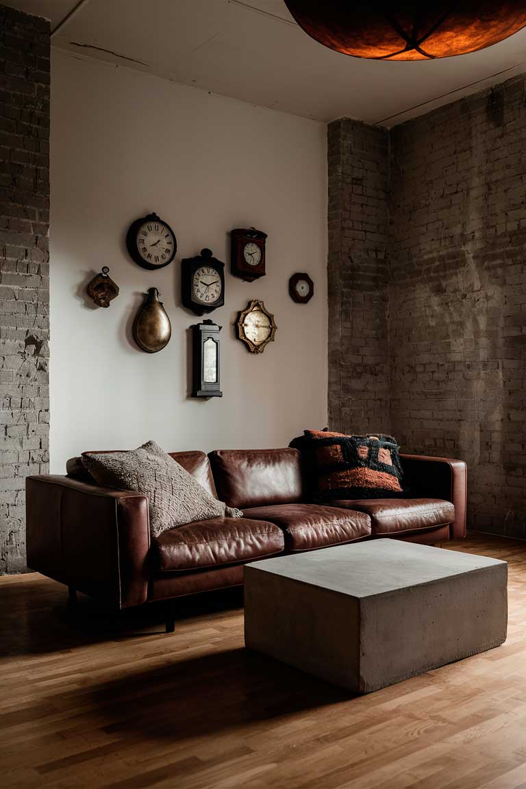 A minimalist living room with exposed brick walls. A deep brown leather sofa sits atop a concrete coffee table, creating an industrial-chic aesthetic. On the walls, a collection of vintage clocks in varying shapes and finishes adds an eclectic, unexpected touch. Patterned throw pillows in a mix of textures and hues reinforce the layered, lived-in vibe, while a statement light fixture overhead casts a warm, moody glow throughout the space.