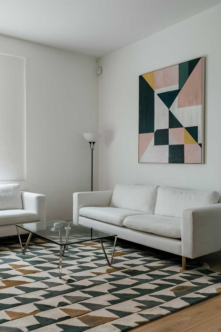 A minimalist living room with geometric-themed decor, including a geometric rug, a simple white sofa, and a glass coffee table with geometric legs. A large abstract geometric painting hangs on the wall.