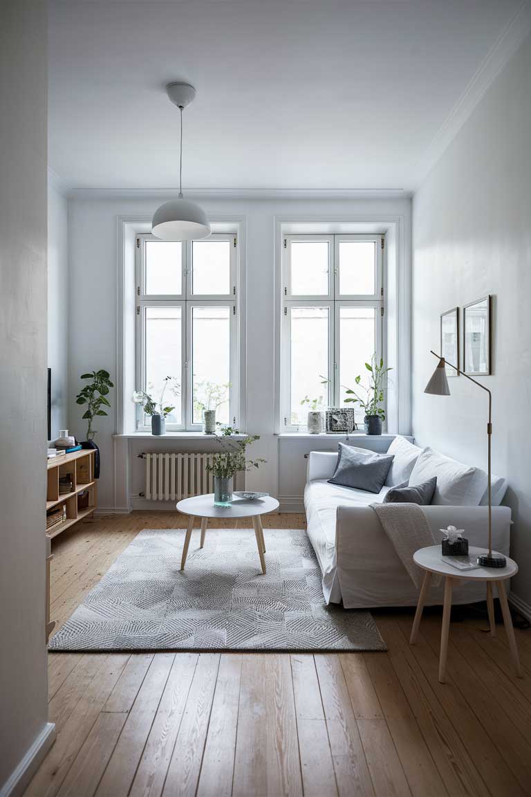 A minimalist living room with light oak flooring