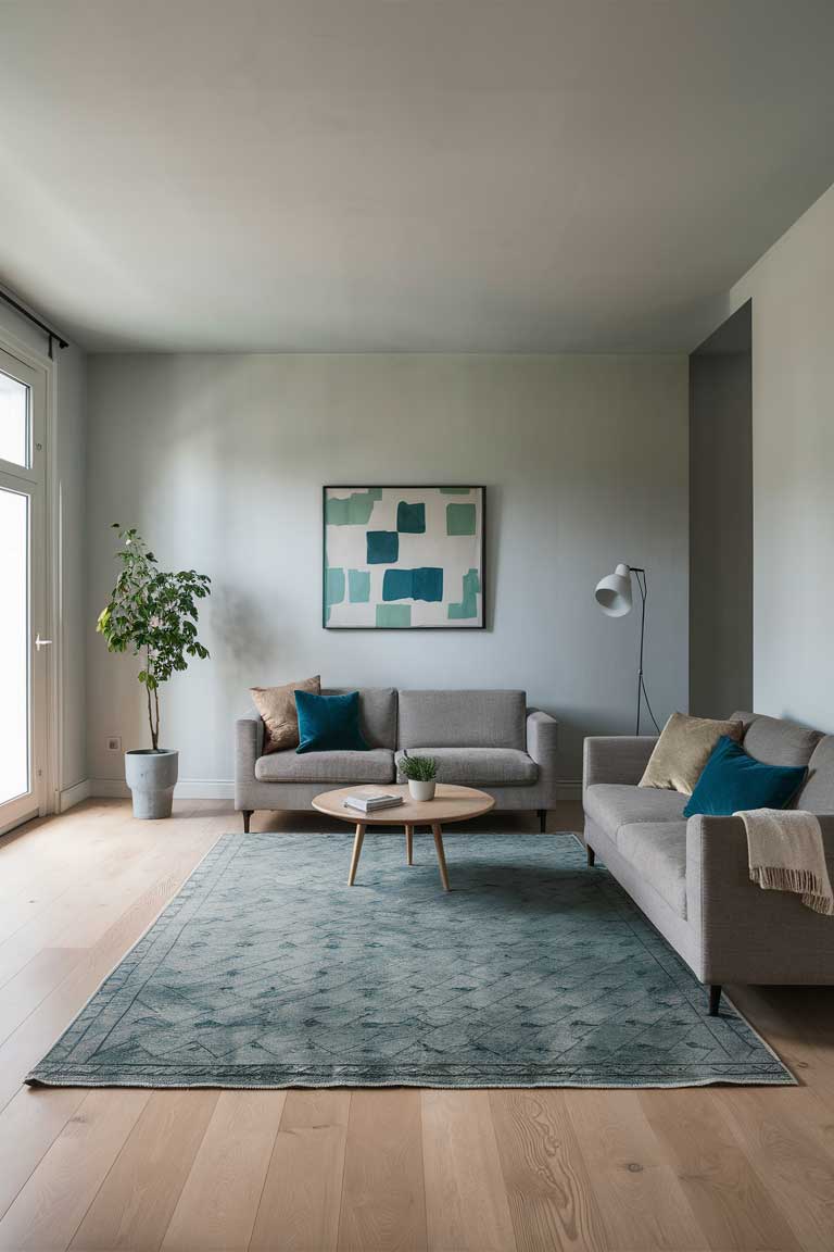 A minimalist living room with light wood flooring. The room feature a large area rug with a subtle geometric pattern in shades of blue and green.