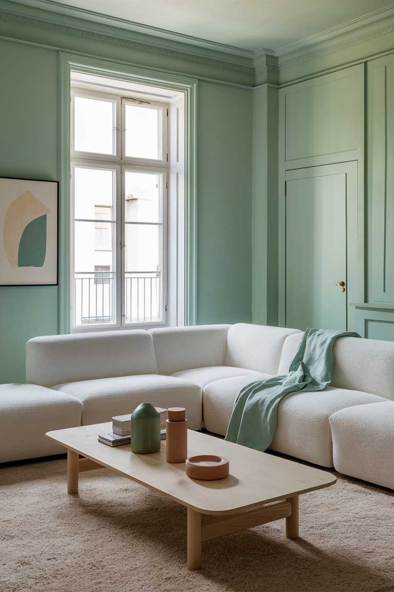 A minimalist living room with mint green walls, a sleek white sectional sofa, and a pale green throw. A light wood coffee table holds a few pastel-colored decorative items, with a large window allowing natural light to flood in.