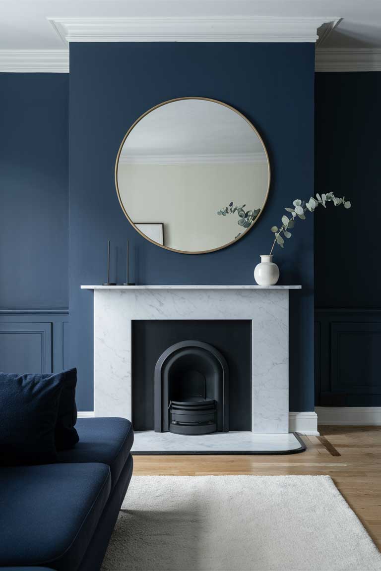 A minimalist living room with navy blue walls featuring a modern fireplace. The fireplace has a simple white marble surround and a sleek black insert. Above the fireplace hangs a large round mirror with a thin gold frame. On the mantel, two black minimalist candlesticks and a white ceramic vase with a single eucalyptus branch create a simple display. A navy blue sofa faces the fireplace, with a soft white rug in front. The image showcases how to incorporate a minimalist fireplace into a navy blue living room design.