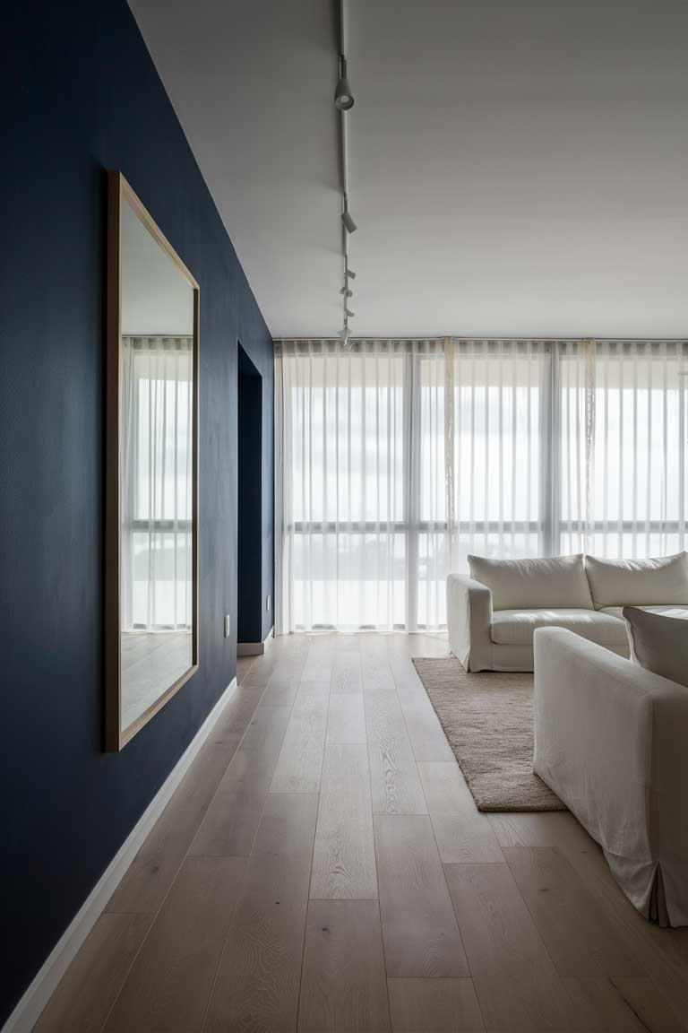 A minimalist living room with navy blue walls and light wood flooring. A large, simple-framed mirror hangs on one wall, reflecting light and making the space appear larger. Floor-to-ceiling windows are covered with sheer white curtains, allowing plenty of natural light to enter. The room features a white sofa and a light-colored area rug, providing contrast to the navy walls. The image showcases how to balance navy blue with lighter elements in a minimalist setting.