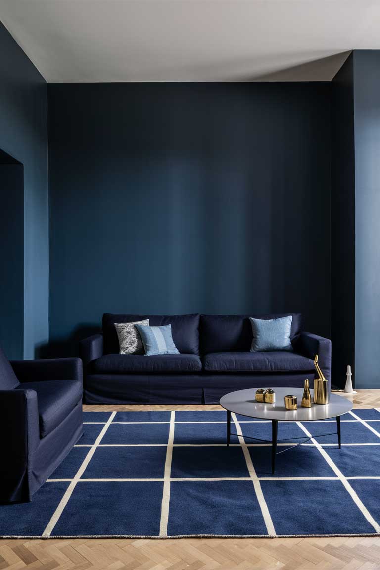 A minimalist living room with navy blue walls. The room features a dark navy blue sofa with lighter blue throw pillows in subtle geometric patterns. A large area rug in navy and white with a minimal geometric design covers the floor. On the coffee table, a few decorative objects in gold add a touch of glamour. The image showcases how to create visual interest in a minimalist navy blue living room through varying shades, patterns, and metallic accents.