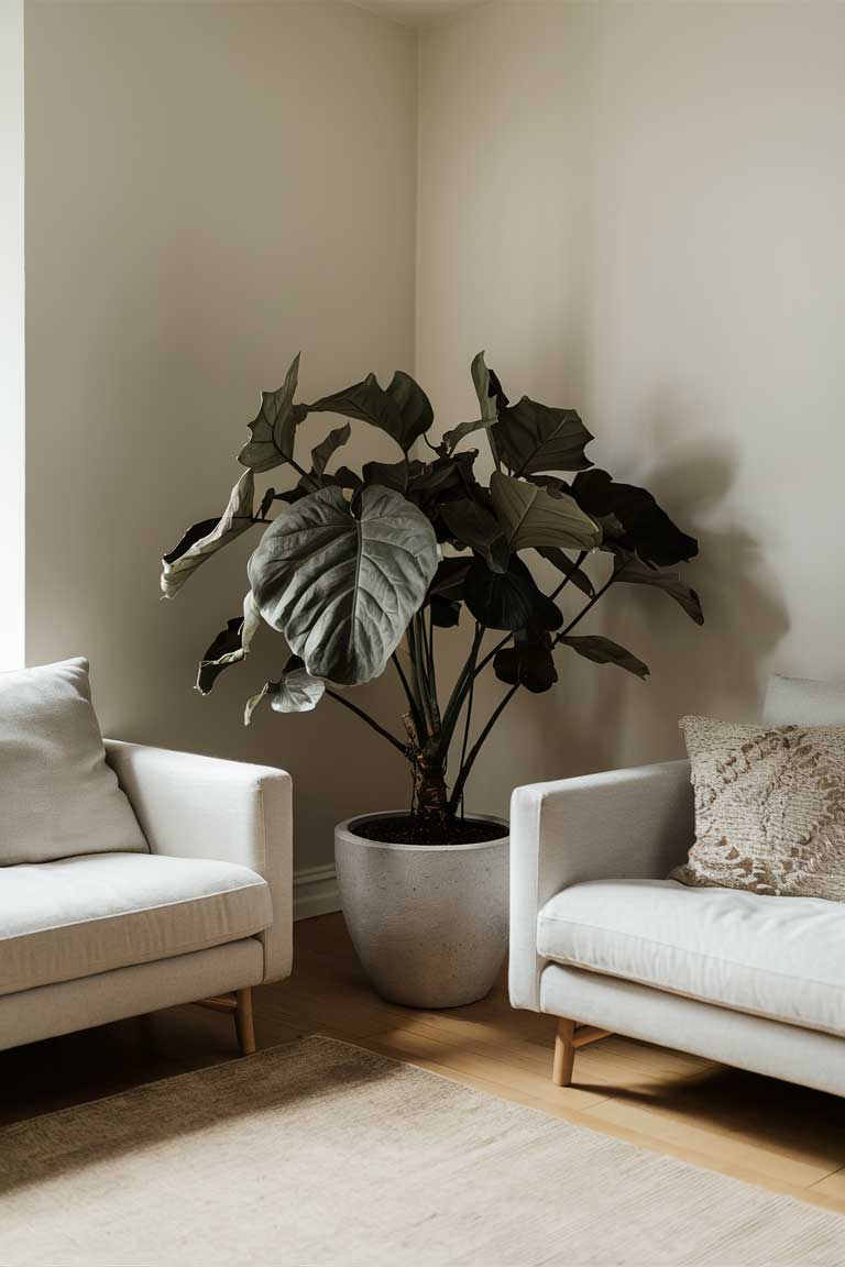 A living room with neutral colors and  indoor plants