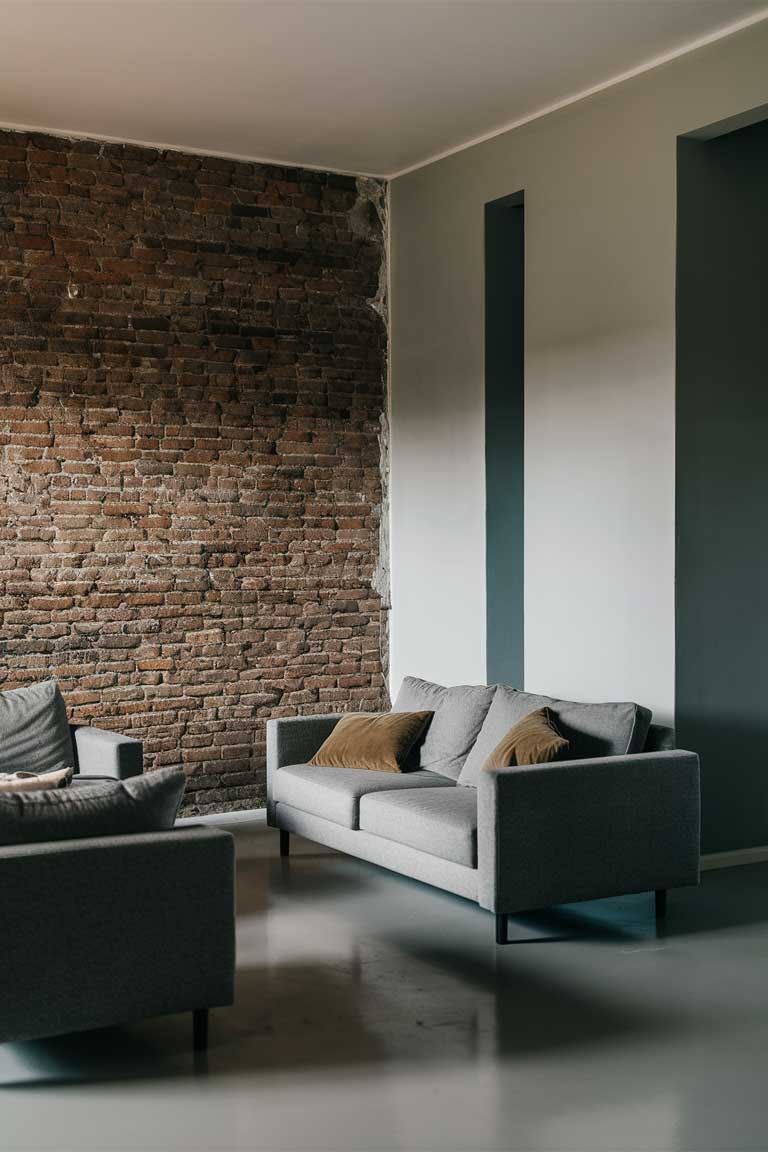 A minimalist living room with one exposed brick wall and the others painted in a soft gray.