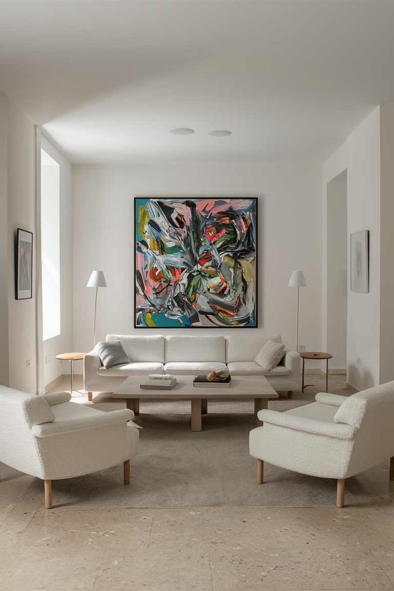 A minimalistic living room with an abstract painting