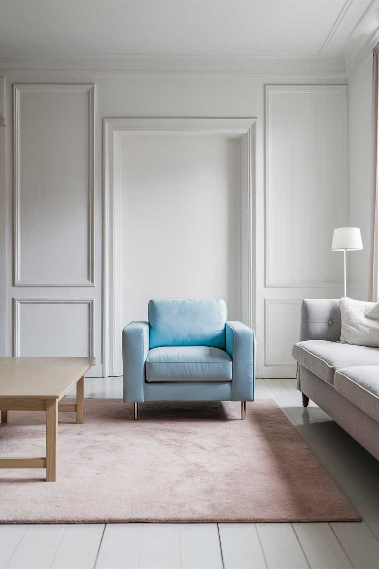 A minimalist living room with white walls and a light gray sofa. In the center of the space, a pastel blue armchair with a simple, geometric design serves as a striking focal point, complemented by a light wood coffee table and a soft blush rug.