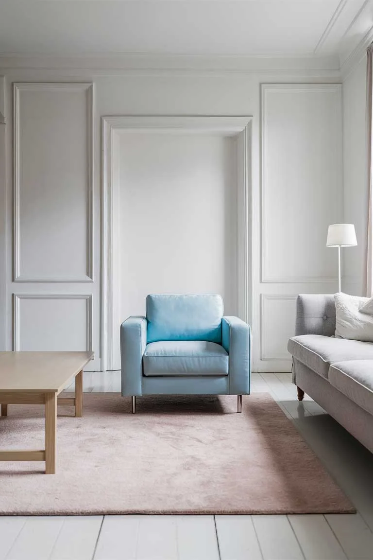 23 Minimalist Pastel Living Room Ideas to Elevate Your Style 19 A minimalist living room with white walls and a light gray sofa. In the center of the space, a pastel blue armchair with a simple, geometric design serves as a striking focal point, complemented by a light wood coffee table and a soft blush rug.