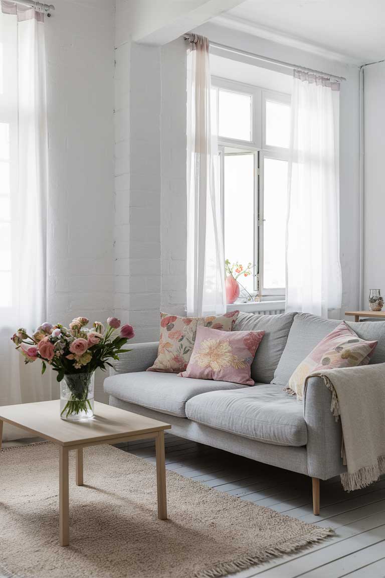 A minimalist living room with white walls, a light gray sofa, and pastel-colored floral throw pillows. A light wood coffee table holds a vase of fresh pastel-hued flowers, and sheer curtains frame the large windows, allowing natural light to flood the space.